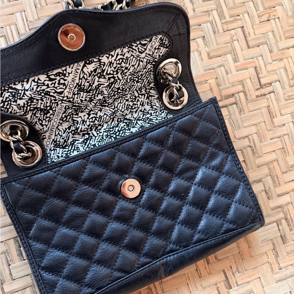 REBECCA MINKOFF BLACK LEATHER QUILTED PURSE 2 WAY SHOULDER CROSSBODY GOLD CHAIN - Picture 12 of 13